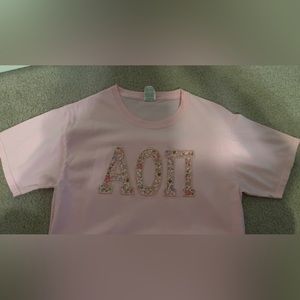 AOII light pink stitched letter tee with floral lettering